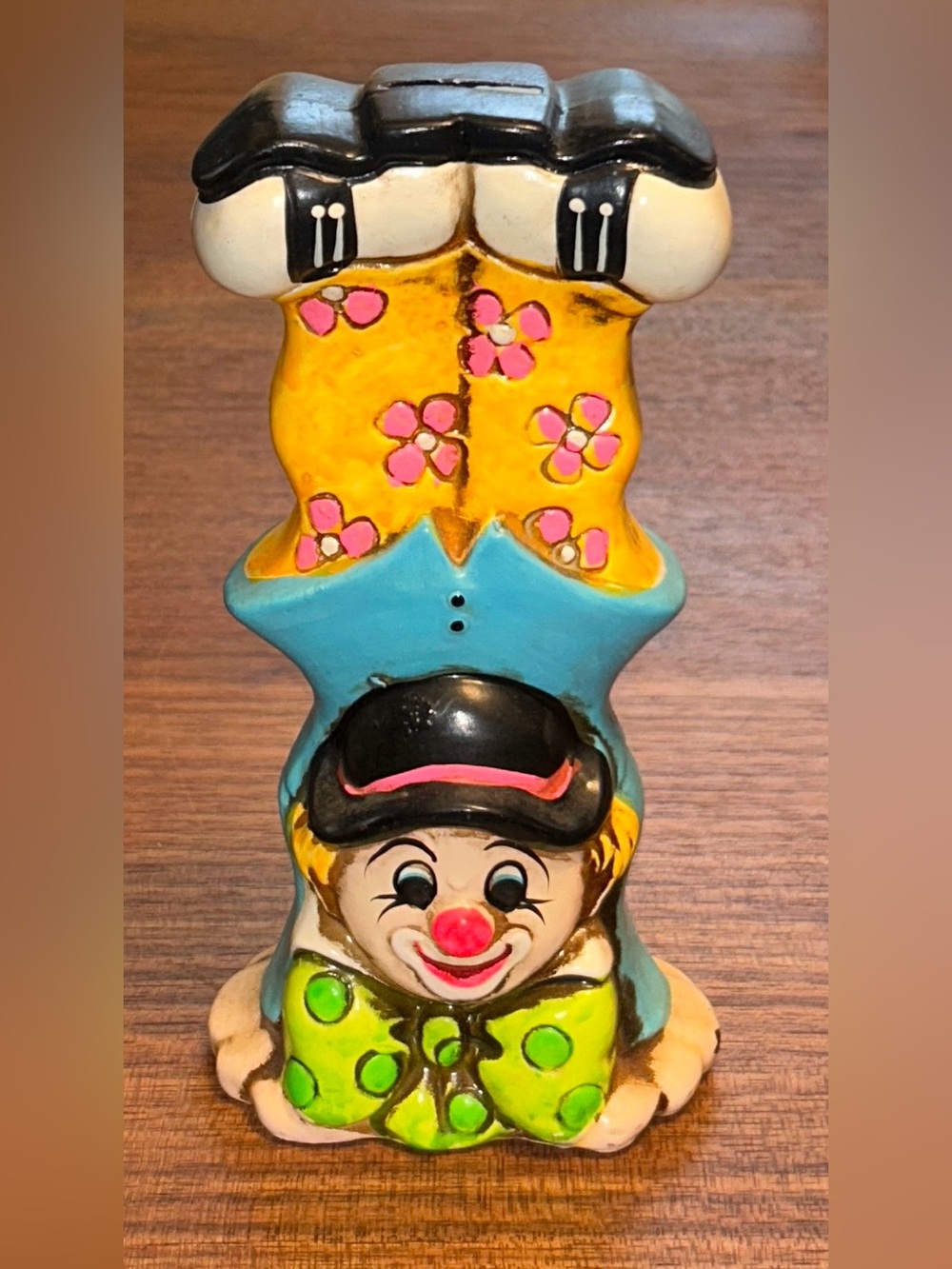 vintage 1966 ceramic Happy & Sad clown Two Sided Piggy bank OSL Japan 8" x 4"